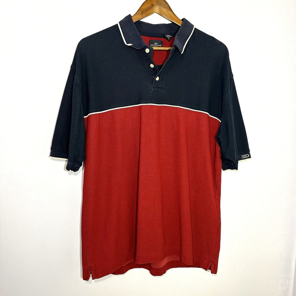 Dockers Polo Top Men Large Red Blue Color Block Short Sleeve Cotton Blend - Picture 1 of 13